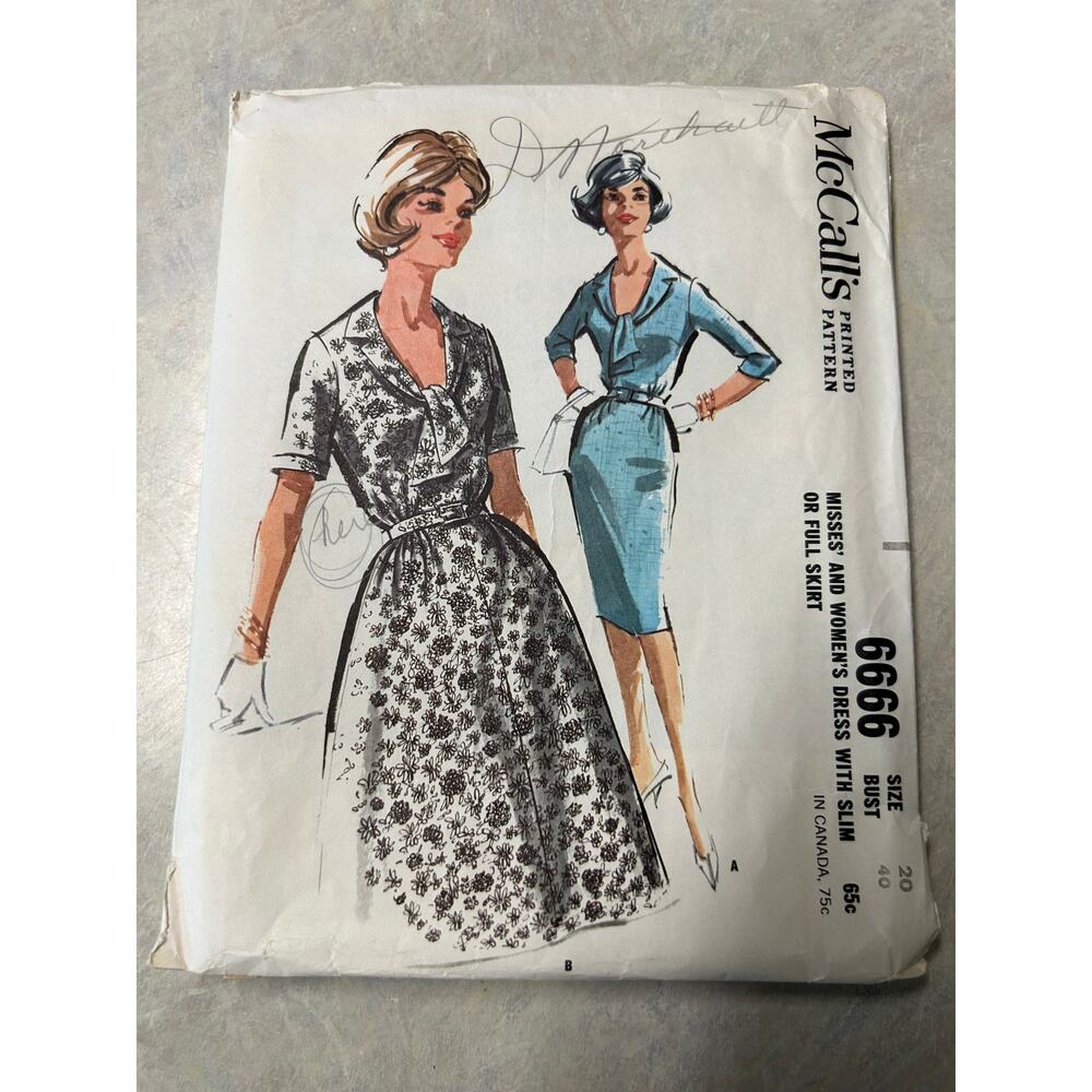 Vintage 1960's McCalls Pattern #6666 Misses Women's Dresses Size 20